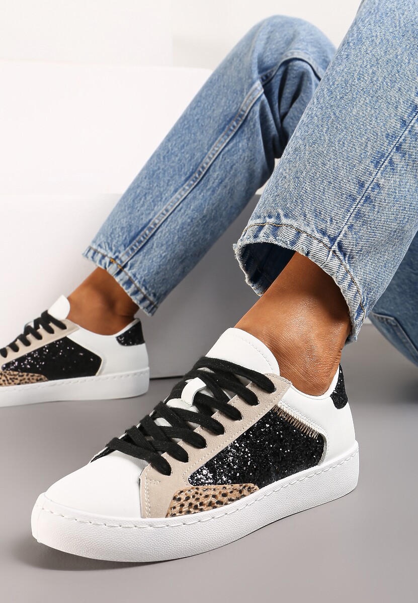 Biało-Czarne Sneakersy na Płaskiej Podeszwie z Ozdobnymi Wstawkami i Brokatem Jivina