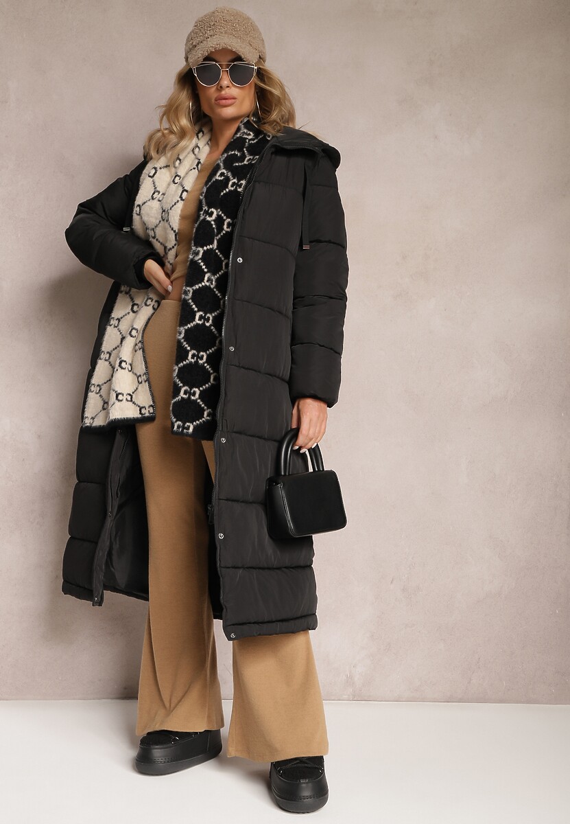 Czarna Długa Kurtka Pikowana Płaszcz z Kapturem Samonira