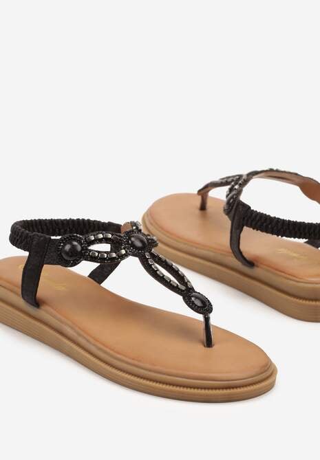 Czarne Sandały w Typie Japonek z Biżuteryjnymi Zdobieniami Divira