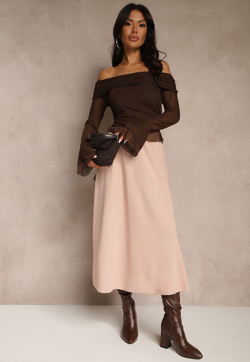 Ciemnobrązowa Midi Spódnica Rozkloszowana o Klasycznym Fasonie Namettia