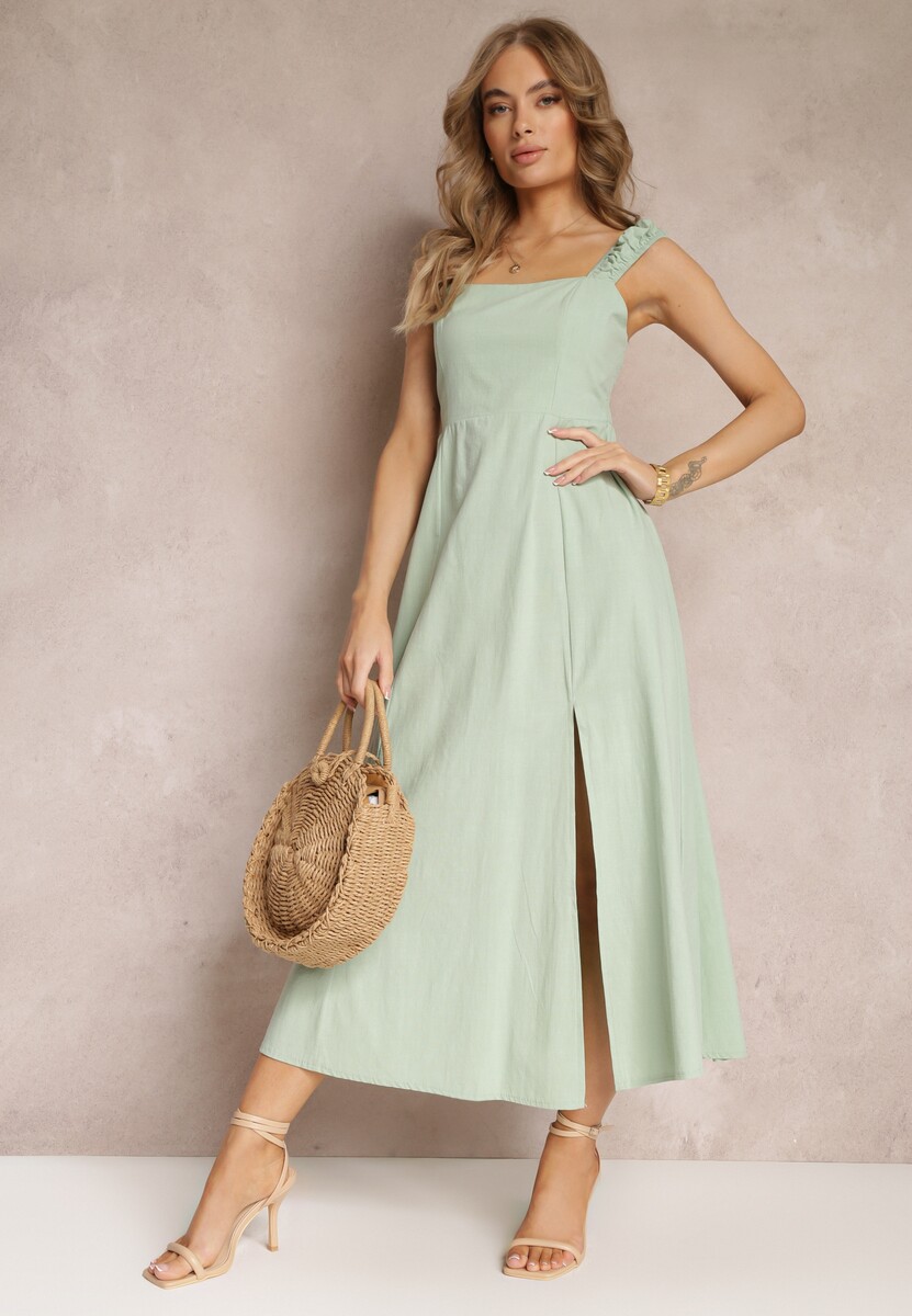 Czarna Rozkloszowana Sukienka Bawełniana z Kwadratowym Dekoltem Trenna