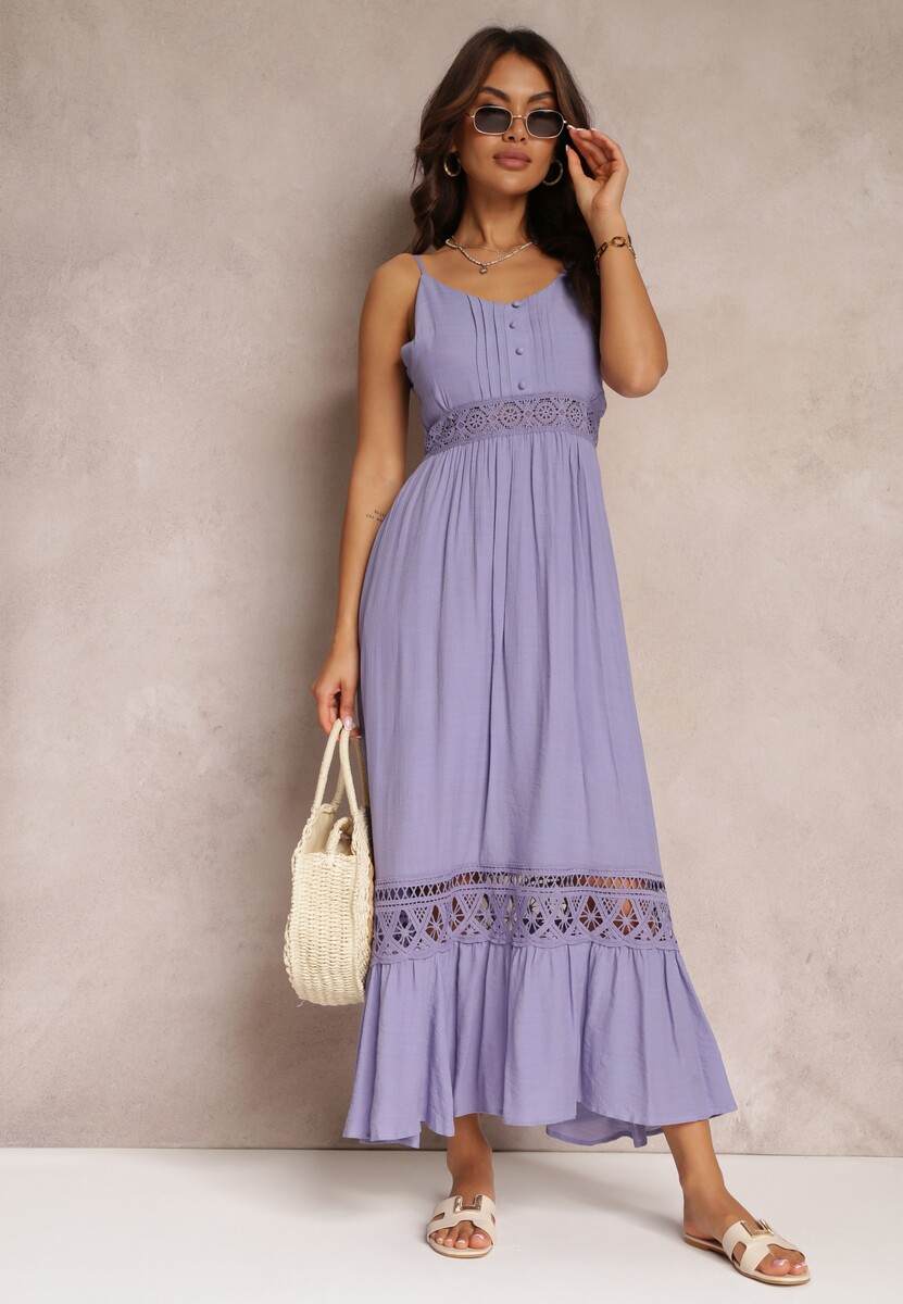 Fioletowa Rozkloszowana Sukienka Maxi z Falbanką i Koronką Luluma