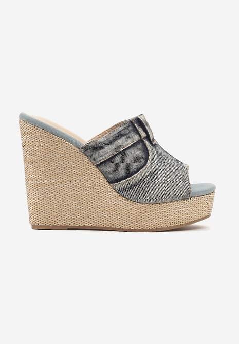 Niebieskie Klapki na Platformie i Koturnie Stylizowane na Denim Iveltia