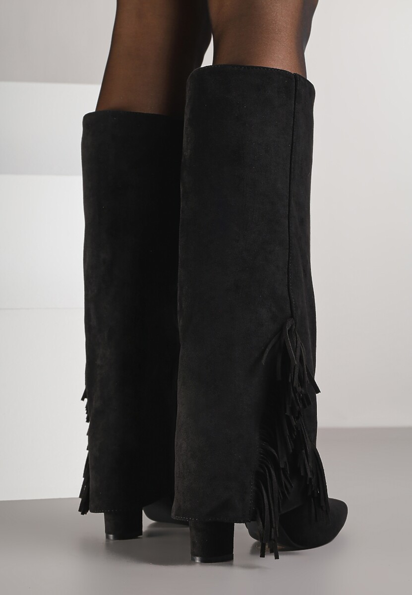 Czarne Kozaki na Słupkowym Obcasie z Cholewką Imitującą Nogawkę z Frędzlami Linafela