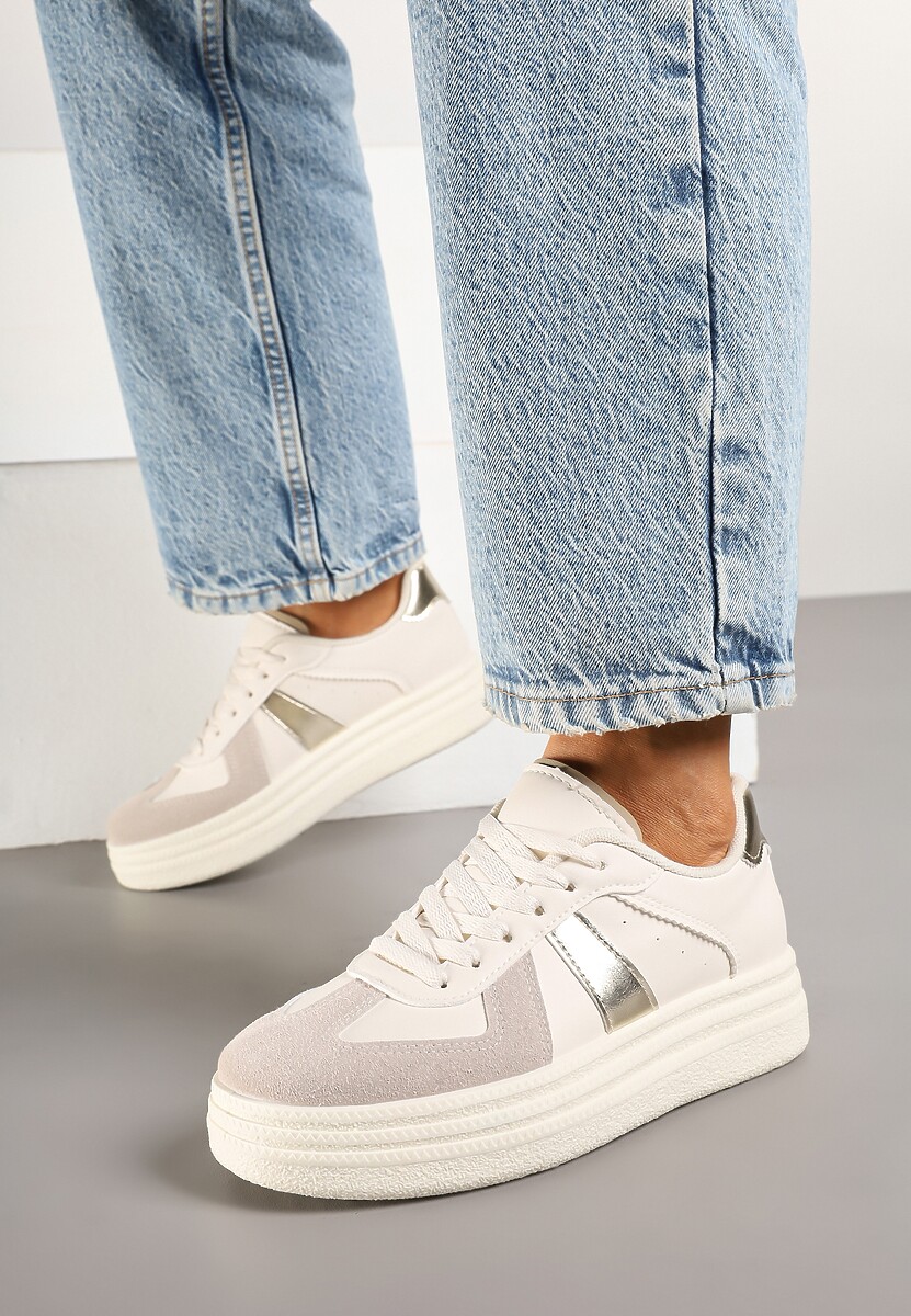 Beżowo-Złote Sneakersy na Platformie Ozdobione Paskami ze Sznurowaniem Bormi