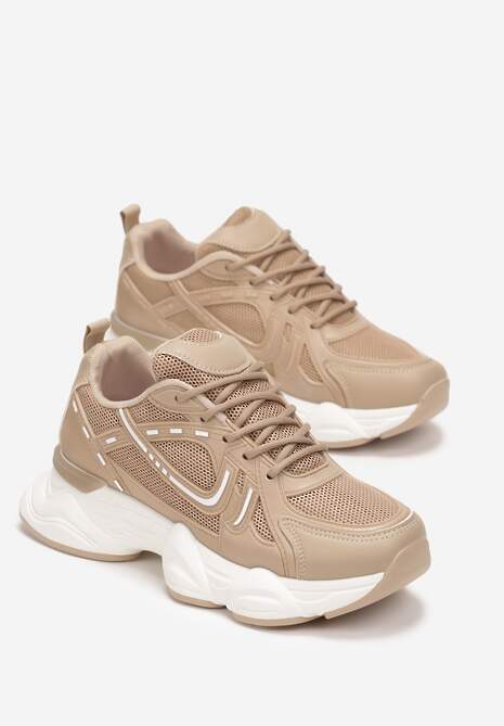 Ciemnobeżowe Sneakersy przed Kostkę z Przeszyciami Portle