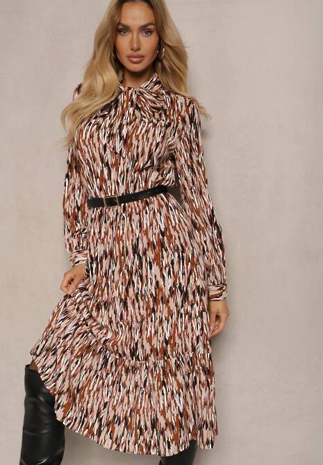 Brązowa Sukienka Midi z Gumką w Pasie i Wiązaniem Zercella