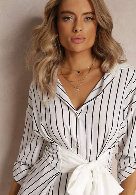 Biała Koszulowa Mini Sukienka z Wiskozy Wiązana w Pasie Fiammetta