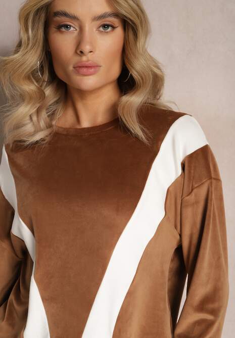 Brązowy 2-częściowy Komplet Dresowy Welurowy z Bluzą i Spodniami Vestali