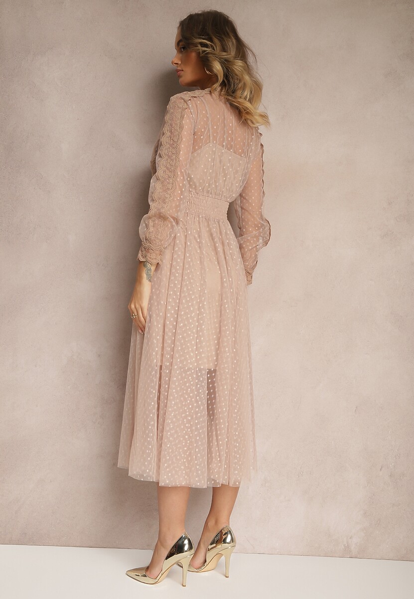 Beżowa Rozkloszowana Sukienka Midi z Tiulu z Koronką Rislaine