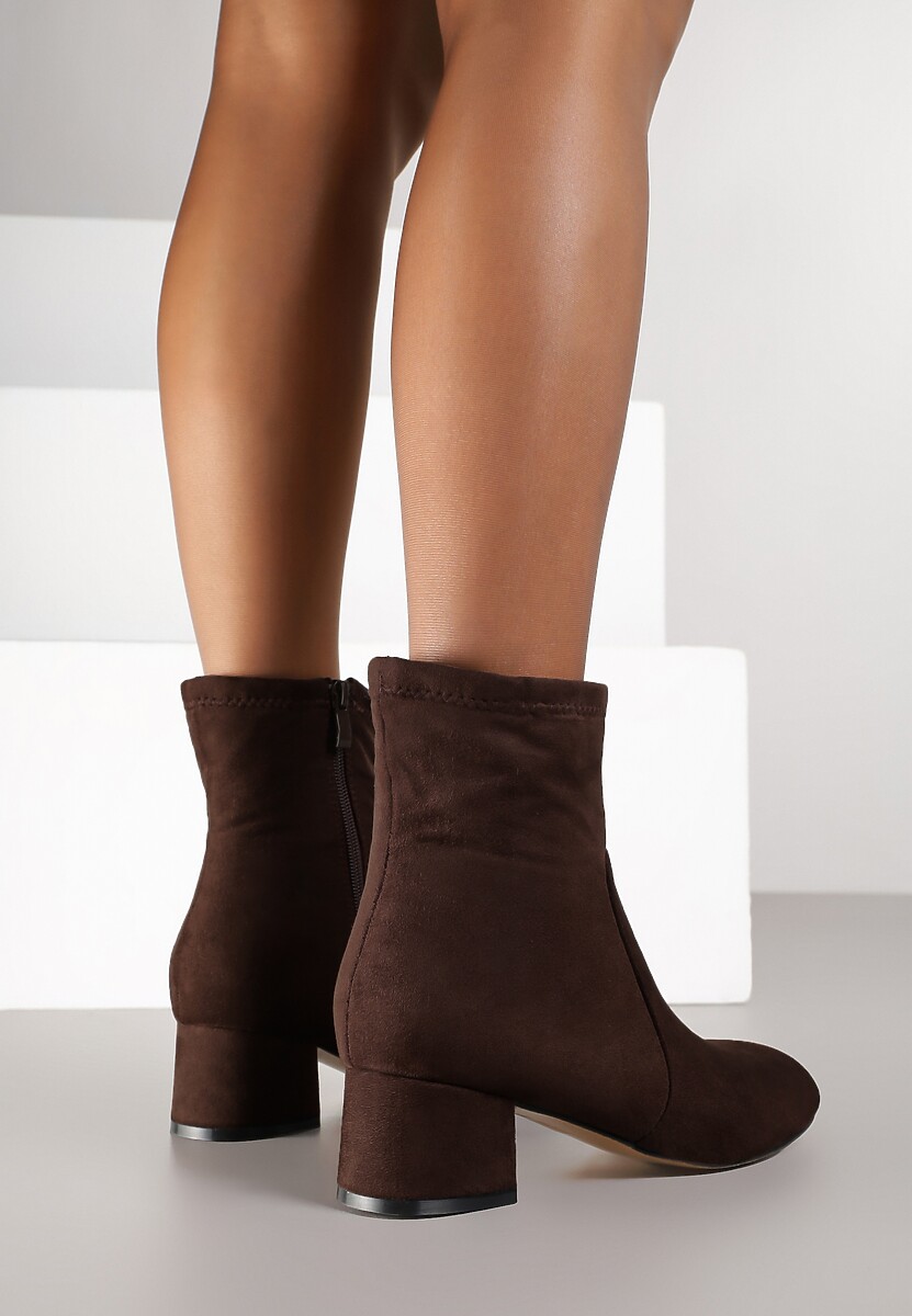Ciemnobrązowe Botki Vices na Słupku Ozdobione Przeszyciem Ariske