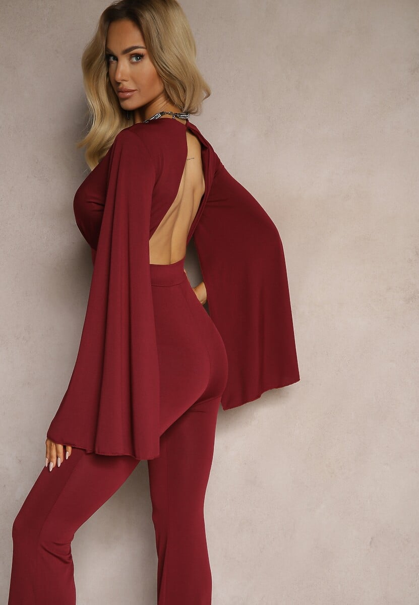 Bordowy Dopasowany Kombinezon z Rozkloszowanymi Rękawami i Głębokim Dekoltem Andrika
