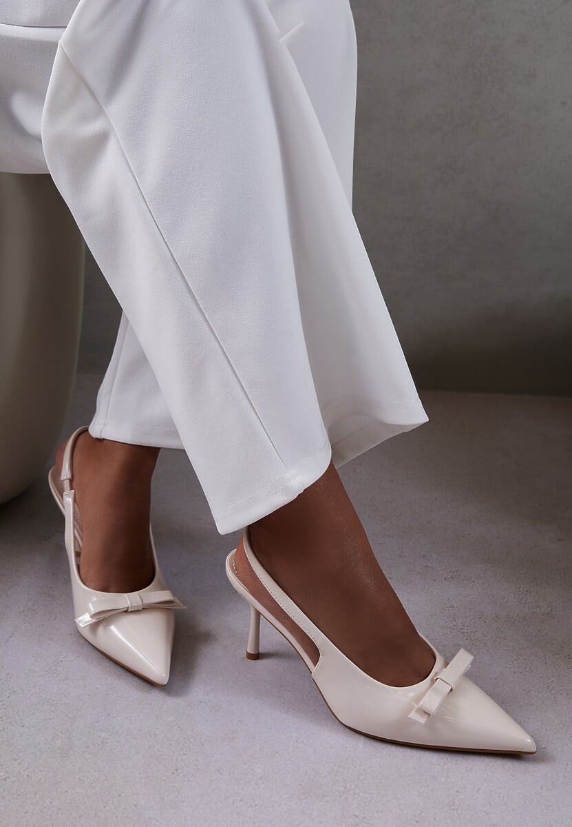 Beżowe Lakierowane Sandały Szpilki Vices Typu Slingback z Kokardą Dorozia