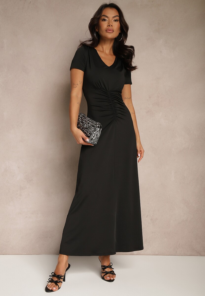Czarna Taliowana Sukienka z Ozdobnymi Marszczeniami i Domieszką Wiskozy Avenile