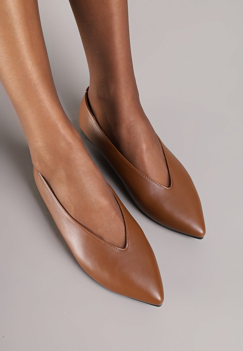 Brązowe Balerinki Vices z Wkładką ze Skóry Naturalnej w Klasycznym Stylu Nalivee
