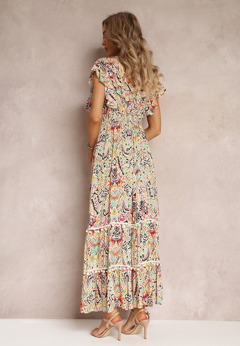 Beżowa Wiskozowa Sukienka Maxi z Pomponami i Gumką w Talii Belmona