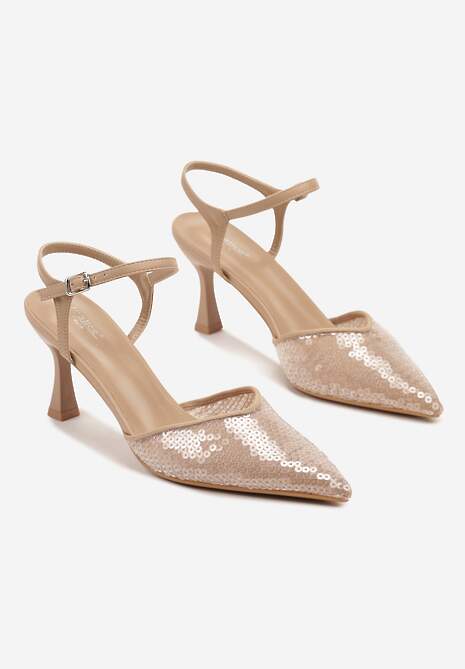 Beżowe Sandały na Szpilce z Cekinową Cholewką Ulariona