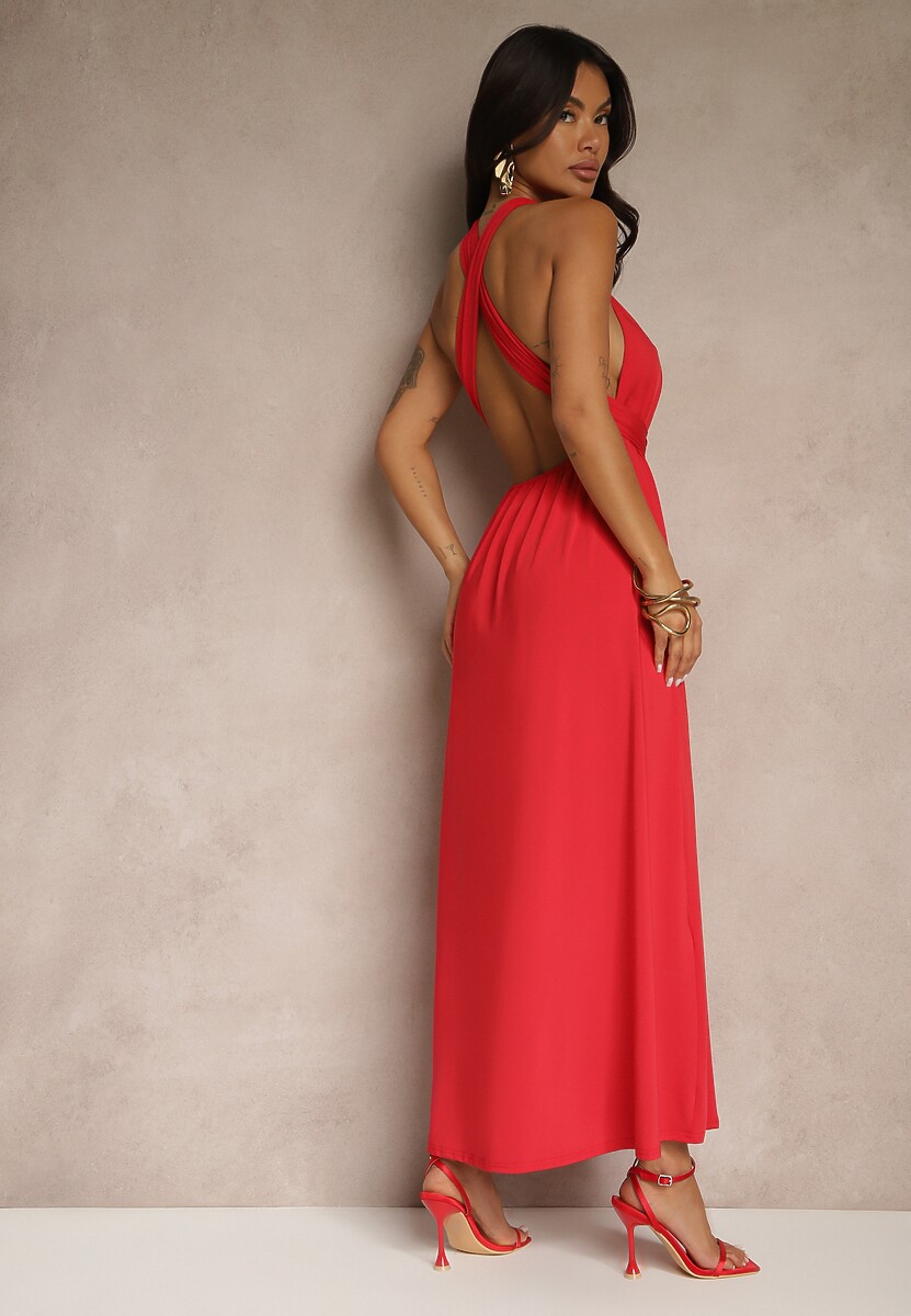 Czerwona Sukienka Koktajlowa Multiway z Wiskozą Wiązana na Szyi Lilovea