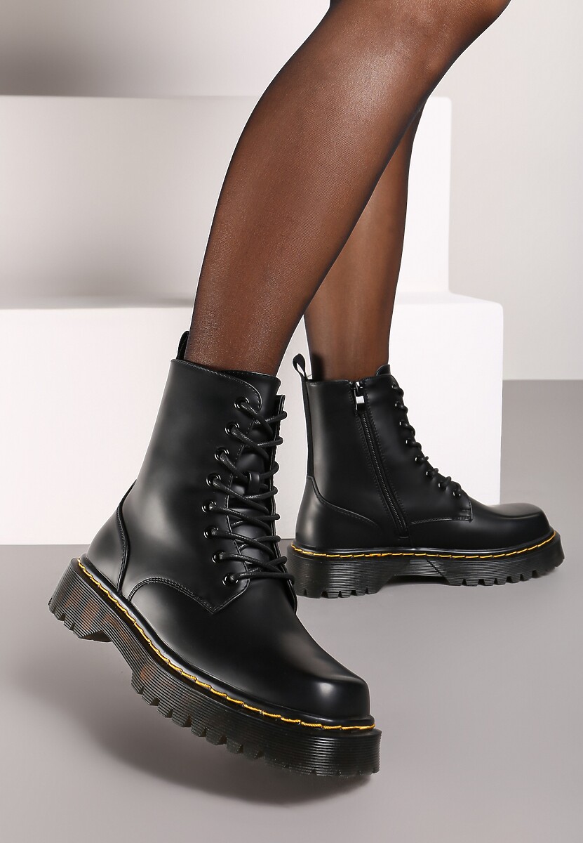 Czarne Sznurowane Ocieplone Botki na Platformie w Stylu Workerów Crecca