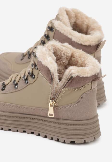 Ciemnobeżowe Sneakersy w Stylu Traperów na Platformie Ewedora