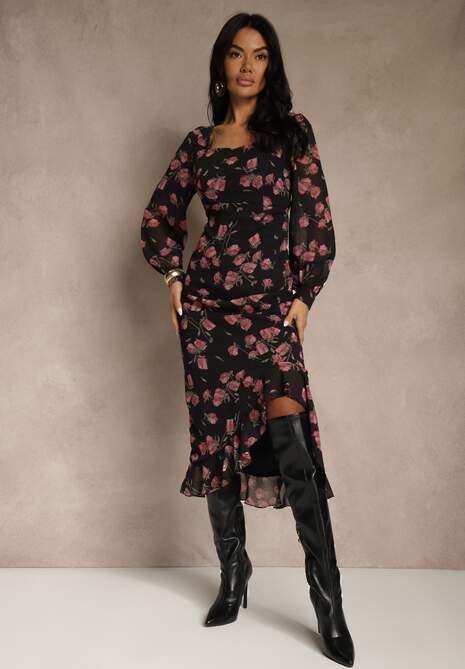 Czarno-Różowa Sukienka VICES o Taliowanym Kroju z Falbankami i Bufiastymi Rękawami Tevite