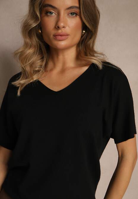 Czarna Bluzka z Dzianiny z Dekoltem w Serek Fenalise