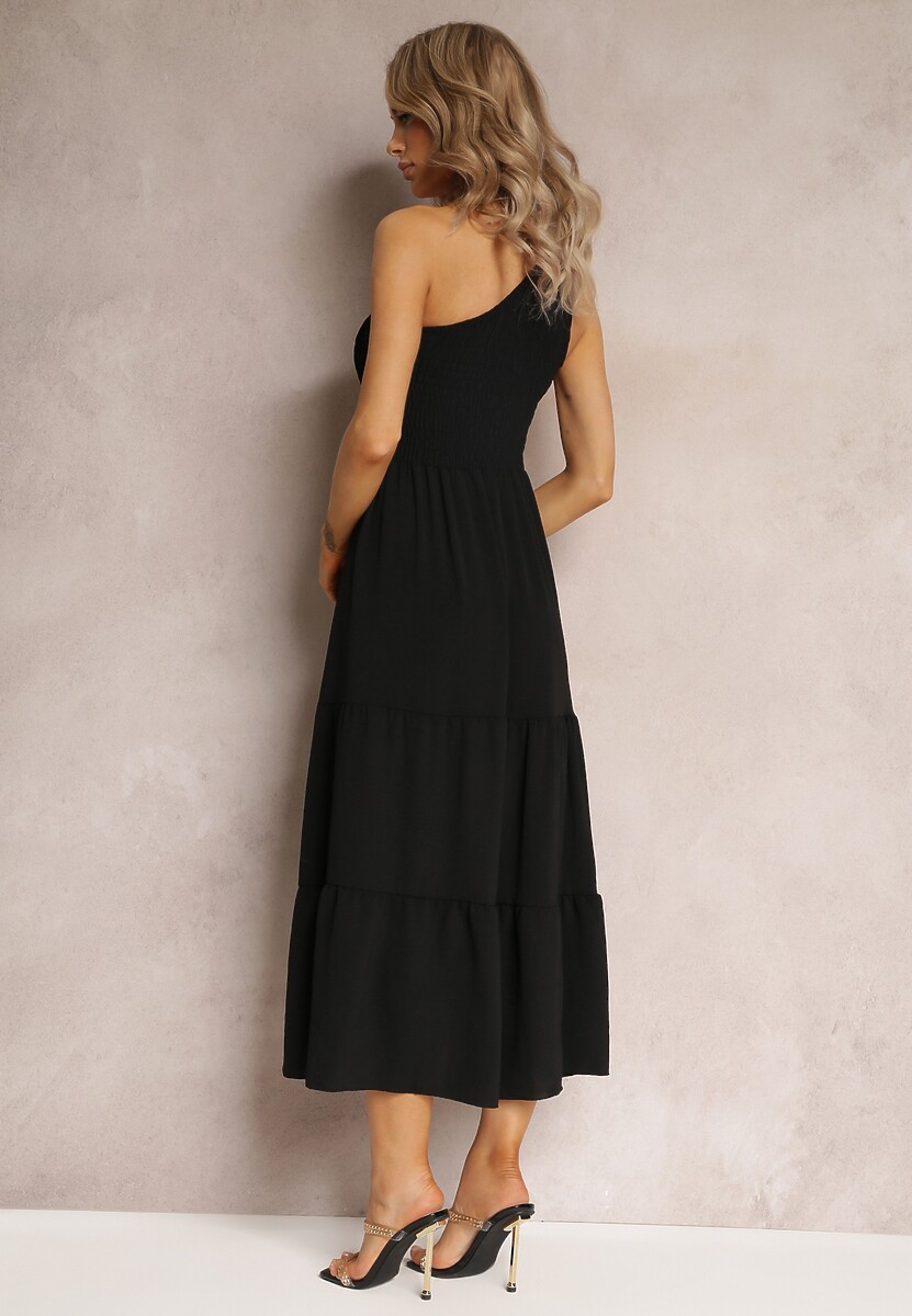 Czarna Sukienka Maxi na Jedno Ramię o Rozkloszowanym Asymetrycznym Kroju z Falbanką Kalphus