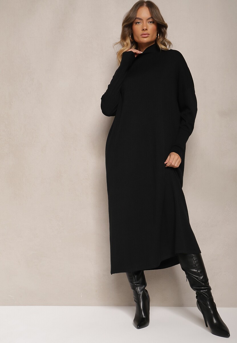 Czarna Pudełkowa Sukienka Sweterkowa z Wiskozą i Golfem Rinnine