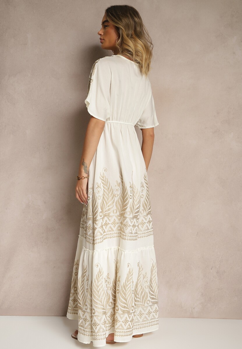 Jasnobeżowa Wiskozowa Sukienka Kopertowym Dekoltem i Frędzlami Redevie