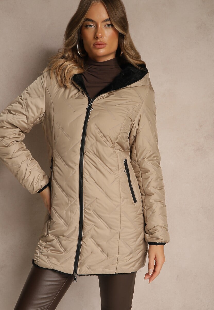 Ciemnobeżowa Dwustronna Kurtka z Kapturem Pikowanymi Przeszyciami i Futerkiem Rossalea