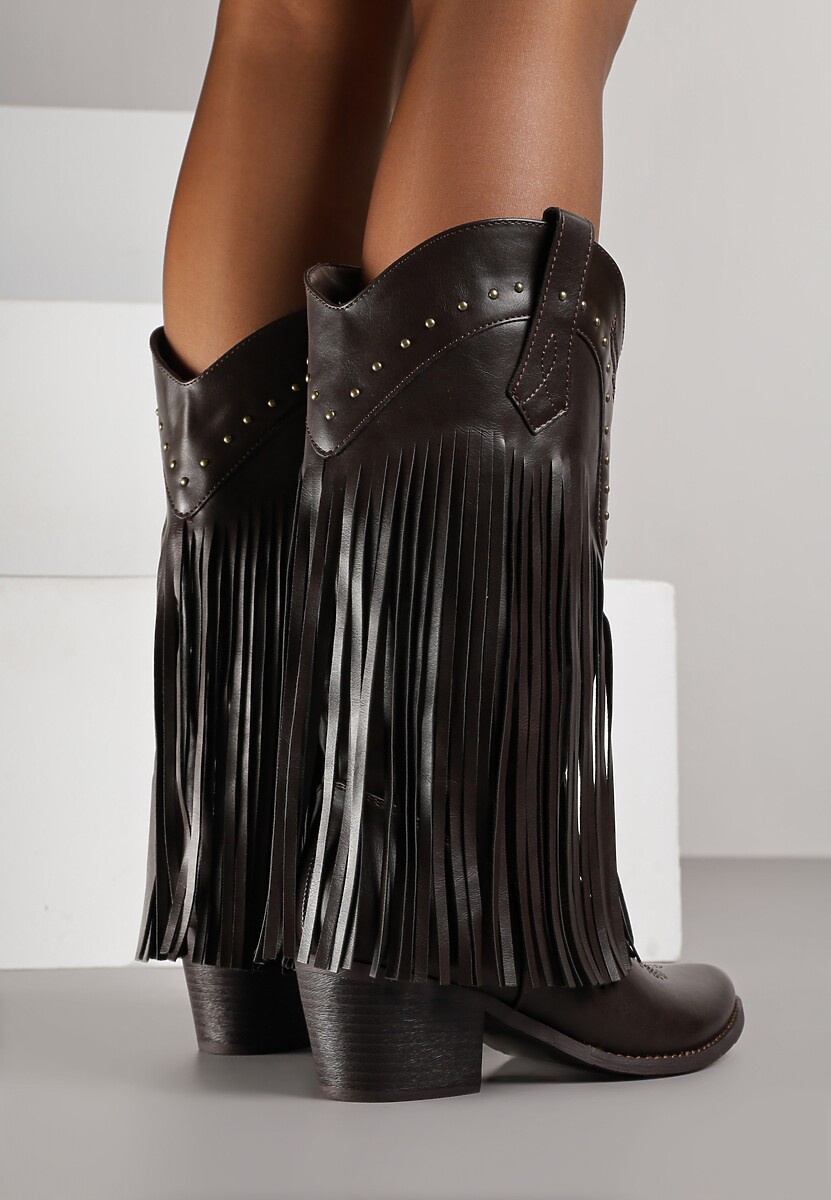 Brązowe Botki Kowbojki na Stożku z Cholewką z Ćwiekami i Frędzlami Elles