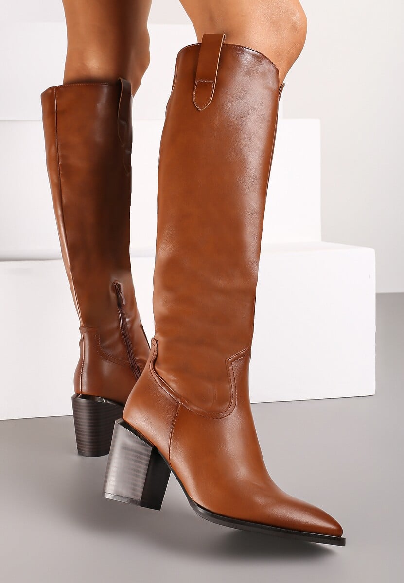 Brązowe Kozaki na Słupku Ozdobione Metaliczną Wstawką Serivia