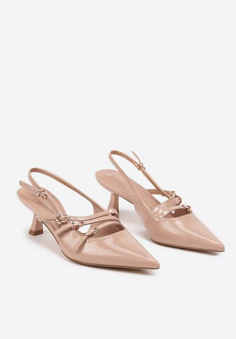 Beżowe Czółenka Lakierowane Kaczuszki Bez Pięty Ozdobione Paskami ze Sprzączkami Arforia