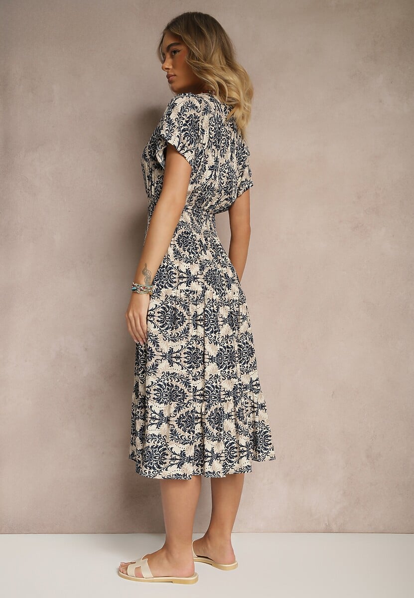 Granatowa Rozkloszowana Sukienka z Bawełny z Gumką w Talii Desanita