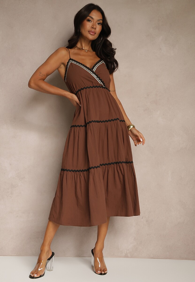 Beżowa Sukienka z Bawełny Ozdobiona Metaliczną Nicią Saraleza