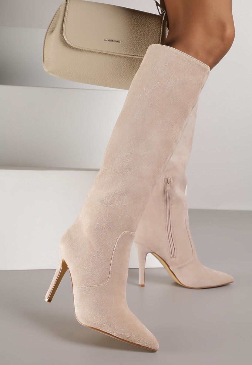 Beżowe Kozaki przed Kolano na Szpilce z Noskiem w Szpic Modara