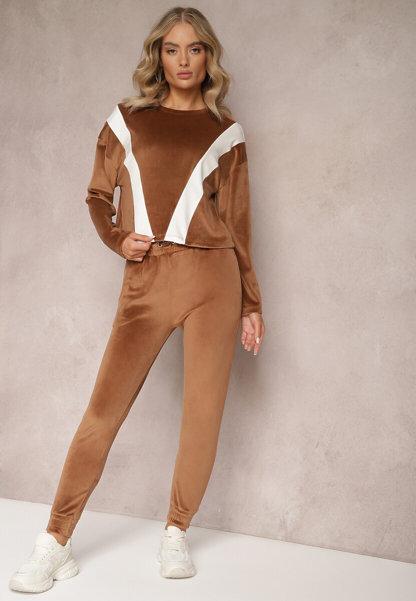 Beżowy 2-częściowy Komplet Dresowy Welurowy z Bluzą i Spodniami Vestali