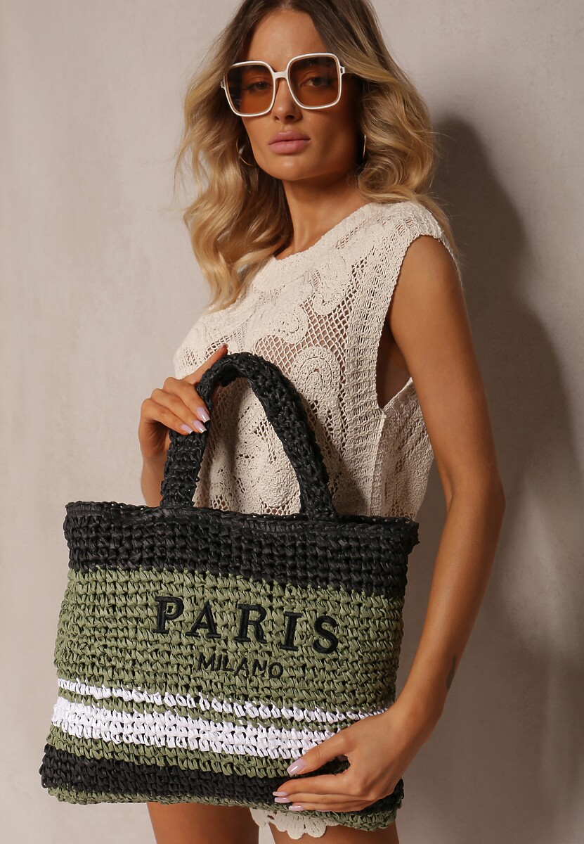 Brązowa Pleciona Torebka w Stylu Boho Ozdobiona Napisem Oegelia