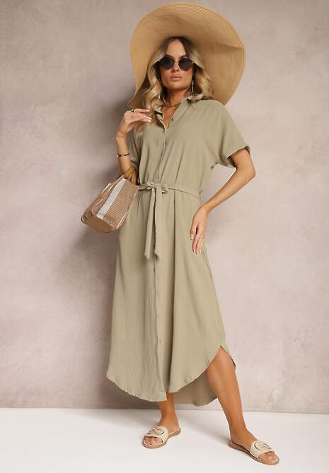 Zielona Koszulowa Sukienka z Wiskozy z Materiałowym Paskiem w Talii Gialara