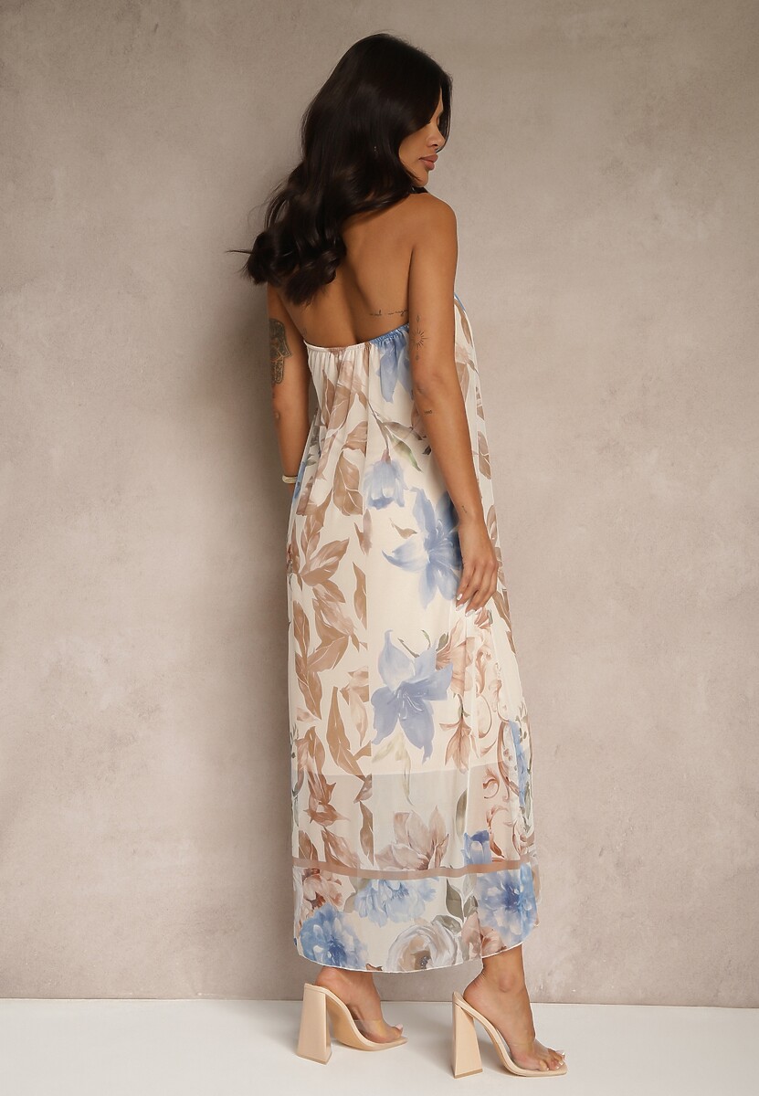 Beżowa Kwiatowa Sukienka Siateczkowa z Wiskozą Izurelia