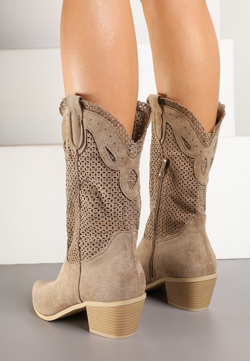 Ciemnobeżowe Botki Kowbojki na Słupku z Ażurową Cholewką Felmira