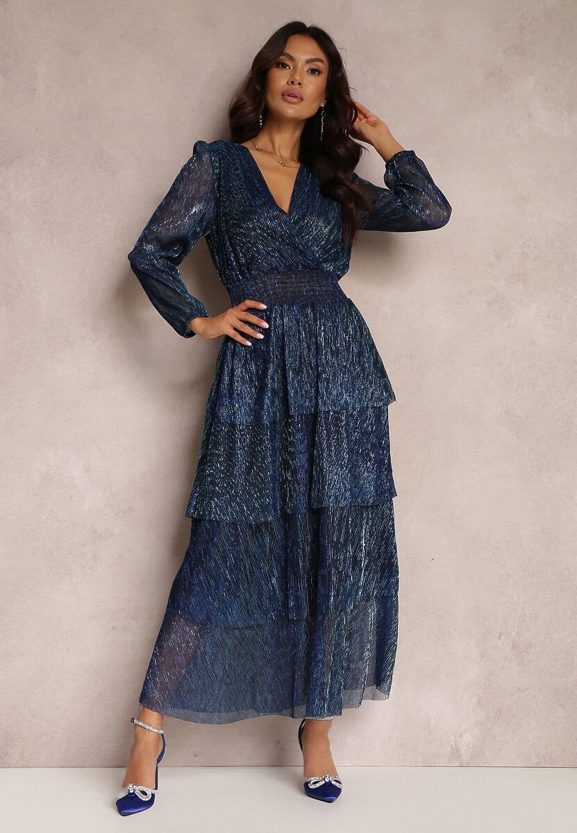 Granatowa Sukienka Błyszcząca z Falbanami i Transparentnym Rękawem Halose
