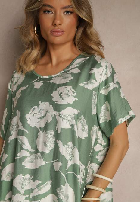 Ciemnozielona Sukienka Pudełkowa z Wiskozy w Kwiaty Aranolia