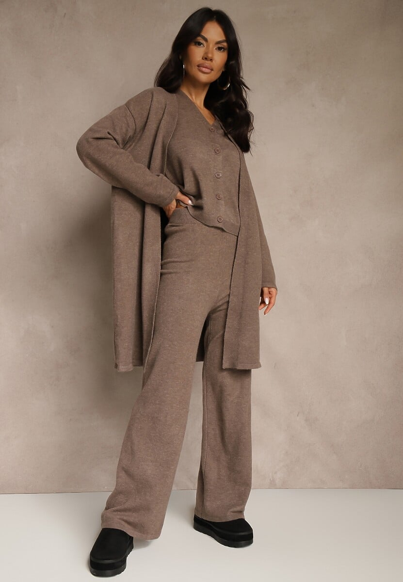 Brązowy Komplet z Dzianiny z Wełną Długi Kardigan Kamizelka i Spodnie Netivia