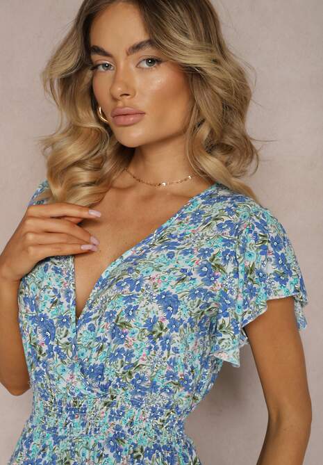 Niebieska Sukienka z Bawełny w Drobne Kwiaty z Kopertowym Dekoltem i Gumką w Talii Calnea