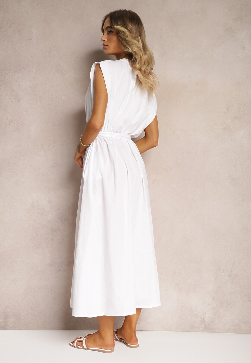 Biała Rozkloszowana Sukienka z Bawełny Przewiązana Paskiem Wlasis