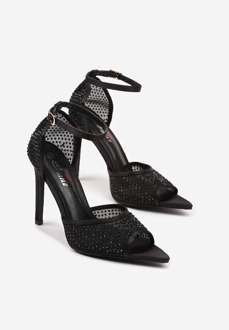 Czarne Sandały na Szpilce Siateczkowe Ozdobione Cyrkoniami Raneia