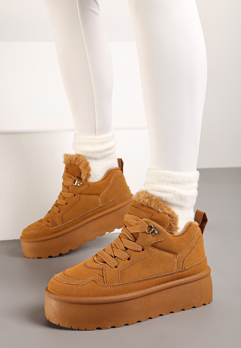Brązowe Sneakersy Stylizowane na Śniegowce Ozdobione Futerkiem Maviena