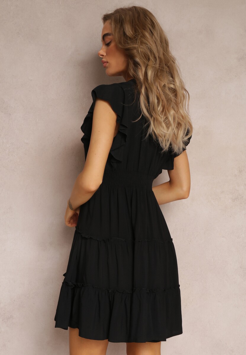 Czarna Taliowana Sukienka Mini Ozdobiona Falbankami Salleni