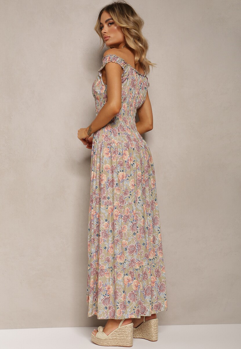 Jasnozielona Kwiecista Sukienka Rozkloszowana z Bawełny na Ramiączkach Kalassia